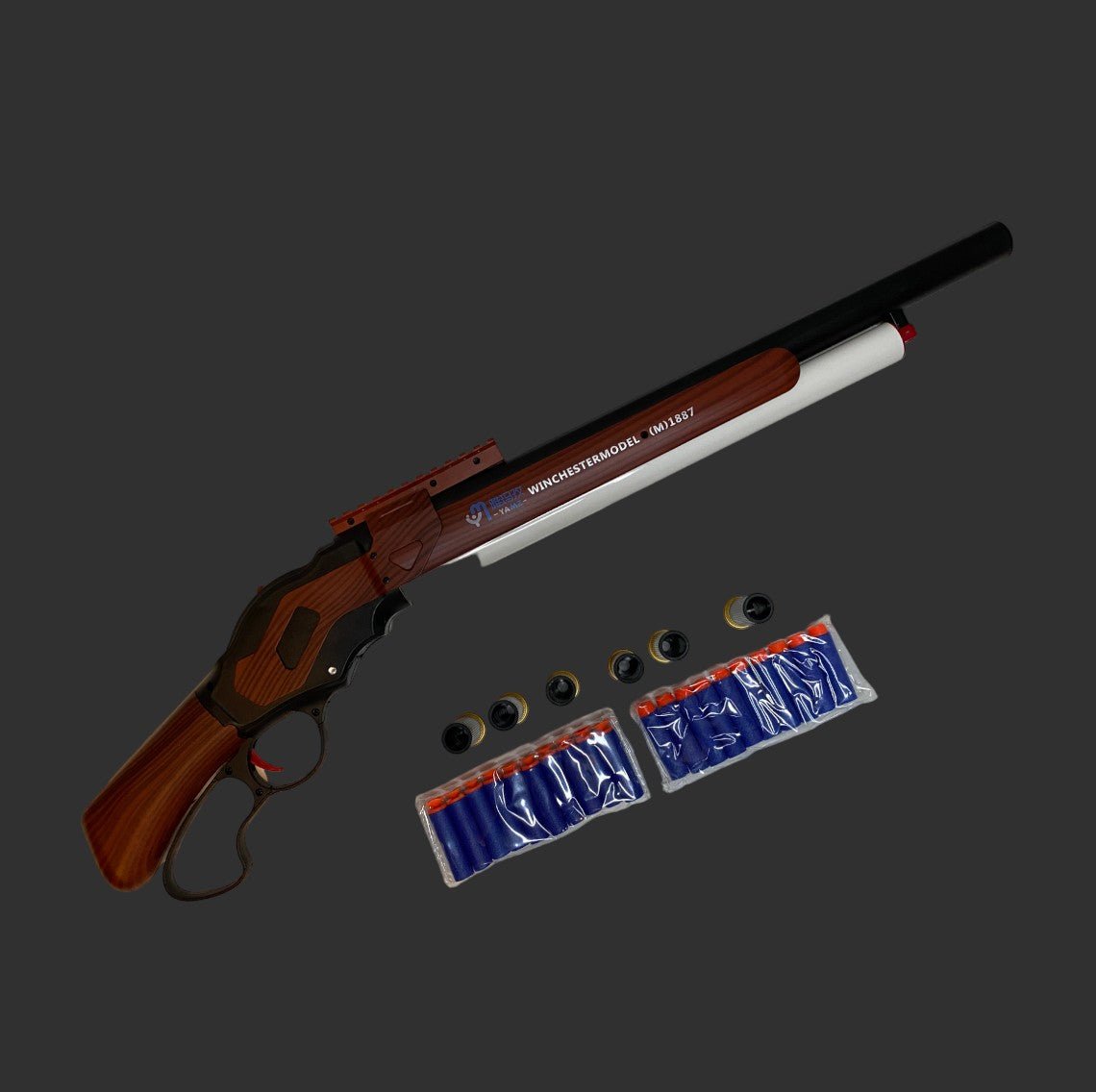 A BlasterMasters M1887 Foam Shell | Shotgun, featuring a wood-patterned handle and accompanied by several foam darts and accessories, is displayed on a dark background.