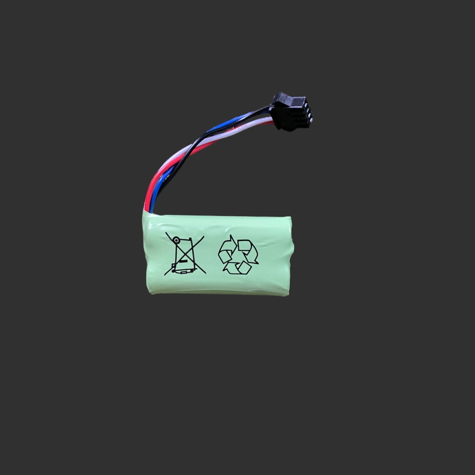 A small 7.4V 14500/500 mAh 2S XQ Li-ion battery pack with red, black, and blue wires connected to a black connector. It has symbols indicating it should not be disposed of in general trash and is recyclable.