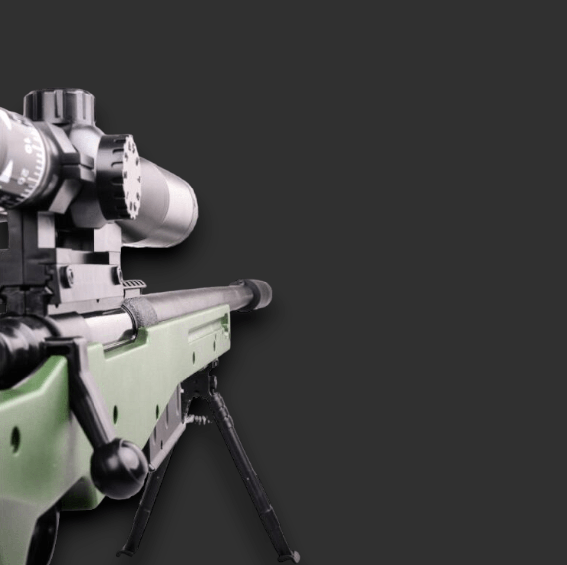 Close-up of an awm AWM Sniper gel blaster with a mounted scope and a bipod, showcasing its detailed bolt-action mechanism against a dark background.