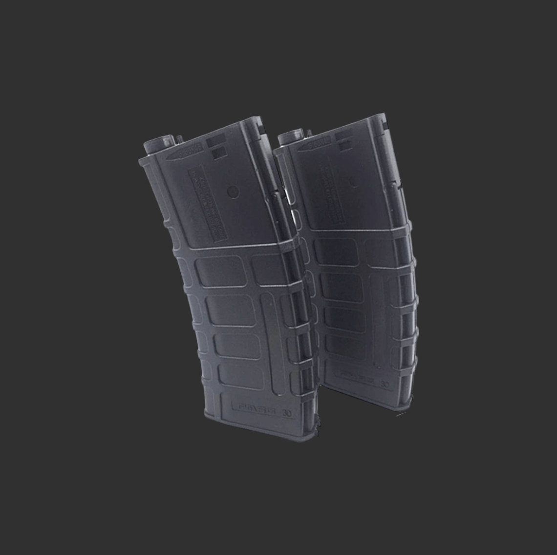 Two black polymer BF QBZ magazines designed for the BF Gel Blaster, featuring a textured grip for quick reloads, set against a dark background.