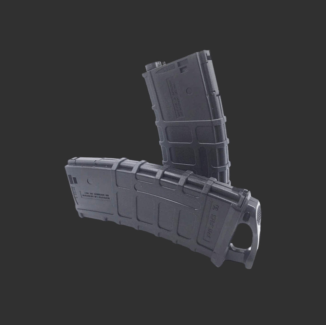 Two black BF QBZ magazines are placed against a dark background, one leaning on the other at an angle, ideal for quick reloads with your BF QBZ Gel Blaster.