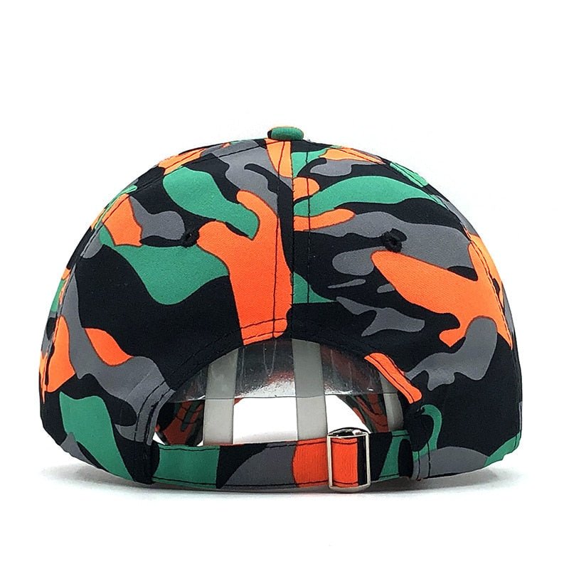 A Camo Snapbacks with green, orange, and black patterns features a tactical camouflage design by BlasterMaster, displayed from the back showing an adjustable strap perfect for outdoor adventures.