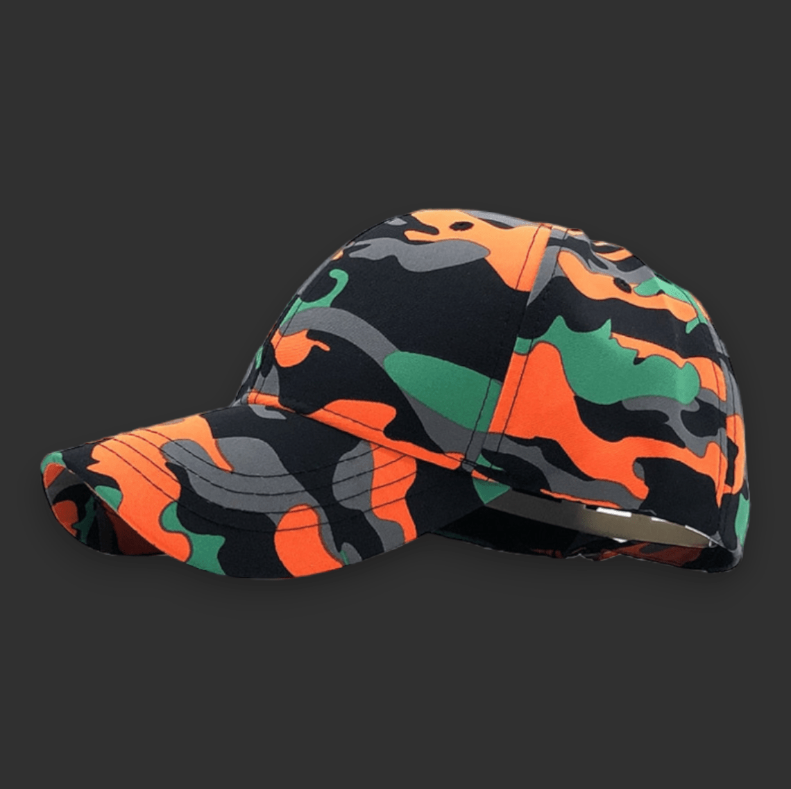 A BlasterMaster Camo Snapback featuring an orange, black, and green pattern against a dark gray background, perfect for outdoor adventures.