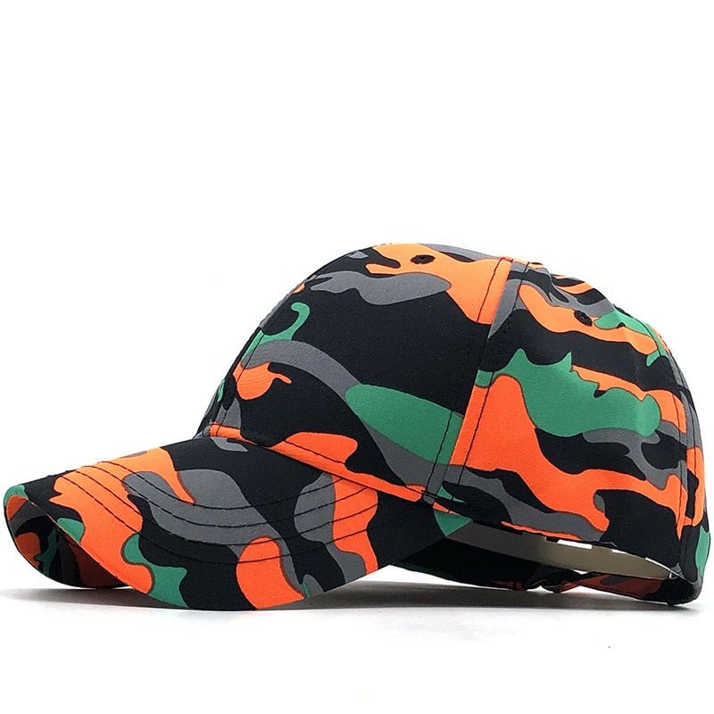 A BlasterMaster Camo Snapbacks with a tactical camouflage design in orange, black, green, and gray colors set against a white background, perfect for outdoor adventures.