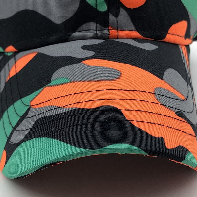 Close-up of a BlasterMaster Camo Snapbacks featuring a Tactical Camouflage Design in shades of orange, black, gray, and green, perfect for outdoor adventures.