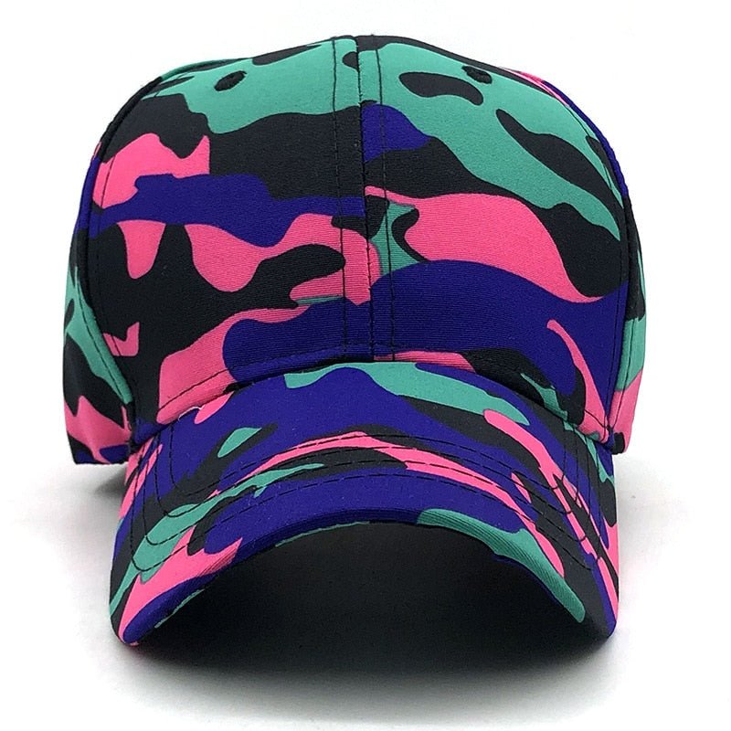 A BlasterMaster Camo Snapbacks featuring a tactical camouflage design in green, pink, blue, and black, perfect for outdoor adventures.