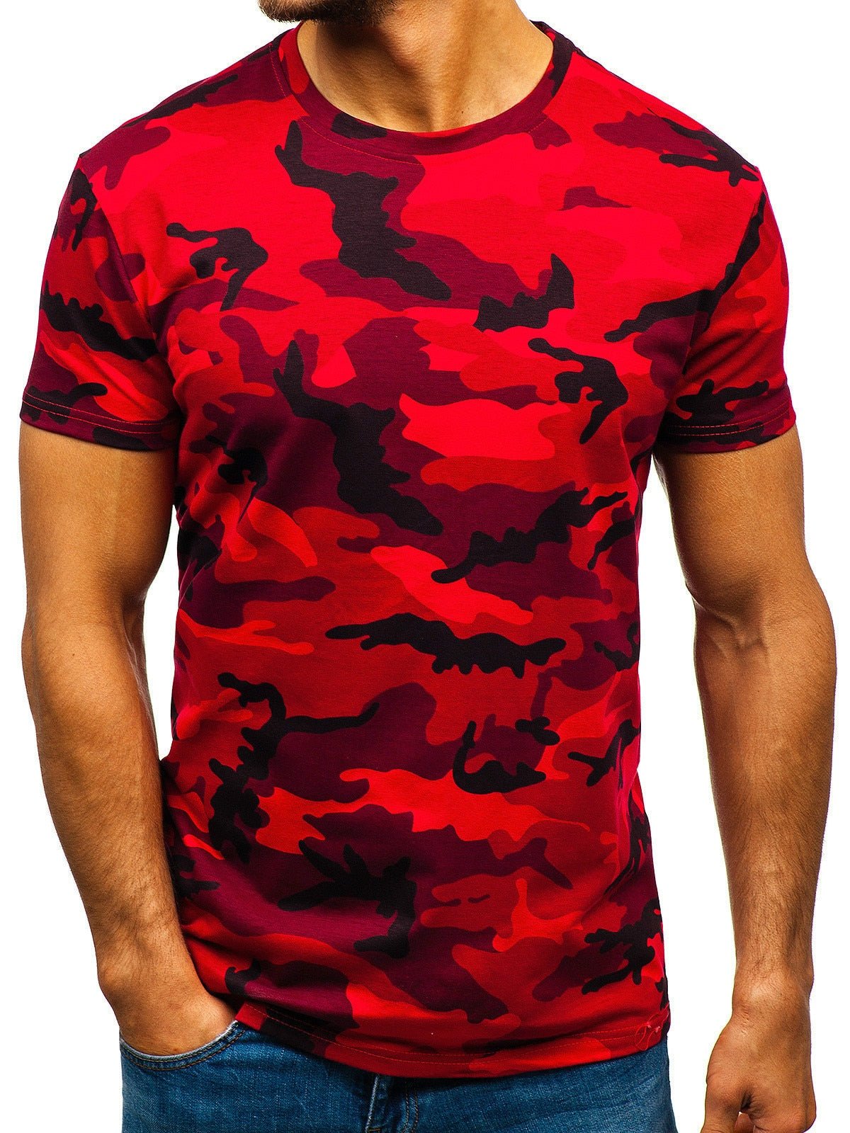 A man wearing a red camouflage BlasterMaster Camo T-Shirt and blue jeans stands with his hand in his pocket, facing the camera, perhaps ready for some High Street Leisure adventure.