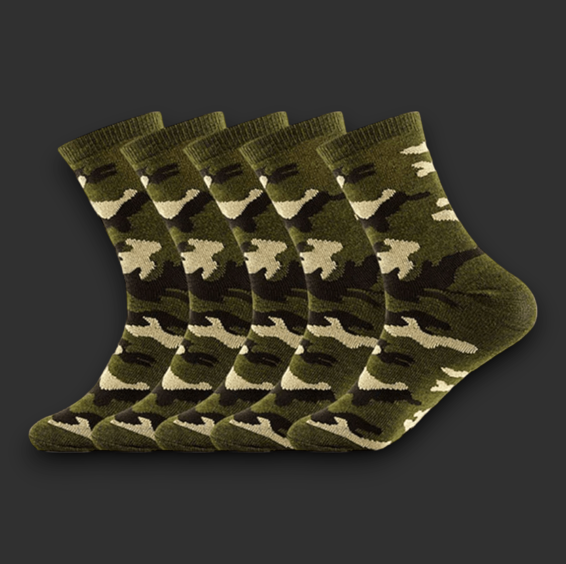 Five pairs of durable, camouflage-patterned Camo socks by BlasterMaster are arranged in a row against a dark gray background.