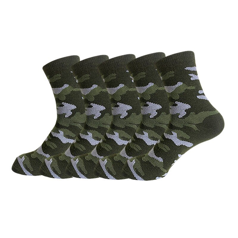 A set of five pairs of comfortable BlasterMaster Camo socks, neatly arranged in a row.