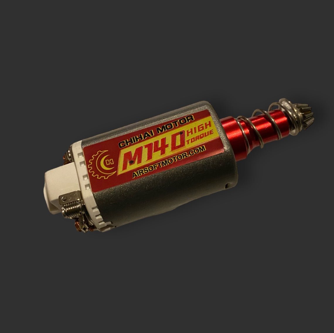 A small high-torque motor labeled "BlasterMasters CHIHAI MOTOR 11.1v 31,000 rpm M140 HIGH TORQUE" with a red coil and metallic components, set against a dark background, enhancing airsoft performance.