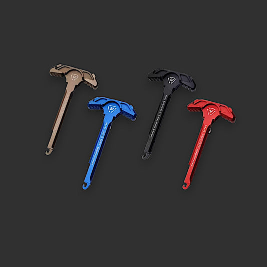 Four BlasterMasters CNC Charge bars, crafted from 7075 aluminum in various colors (tan, blue, black, red), are displayed on a black background.