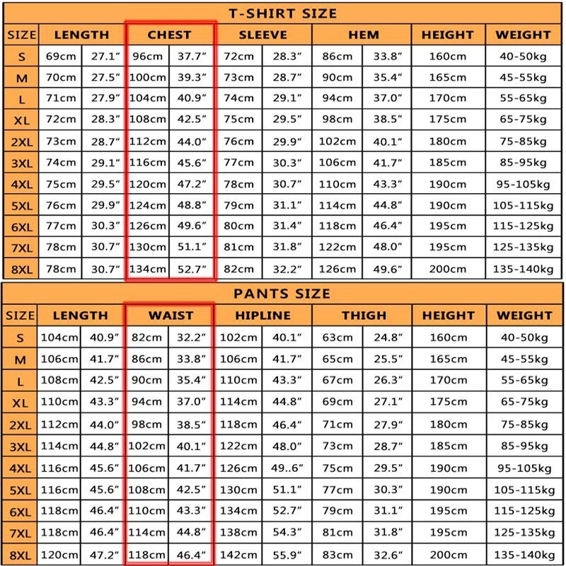 The BlasterMaster CP Tactical Camo Military Uniform collection size charts listing measurements for various sizes from S to 8XL, including length, chest, sleeve, hem, height, weight for t-shirts, and waist, hipline, thigh, height, weight for pants—ideal for military professionals gearing up for elite missions.