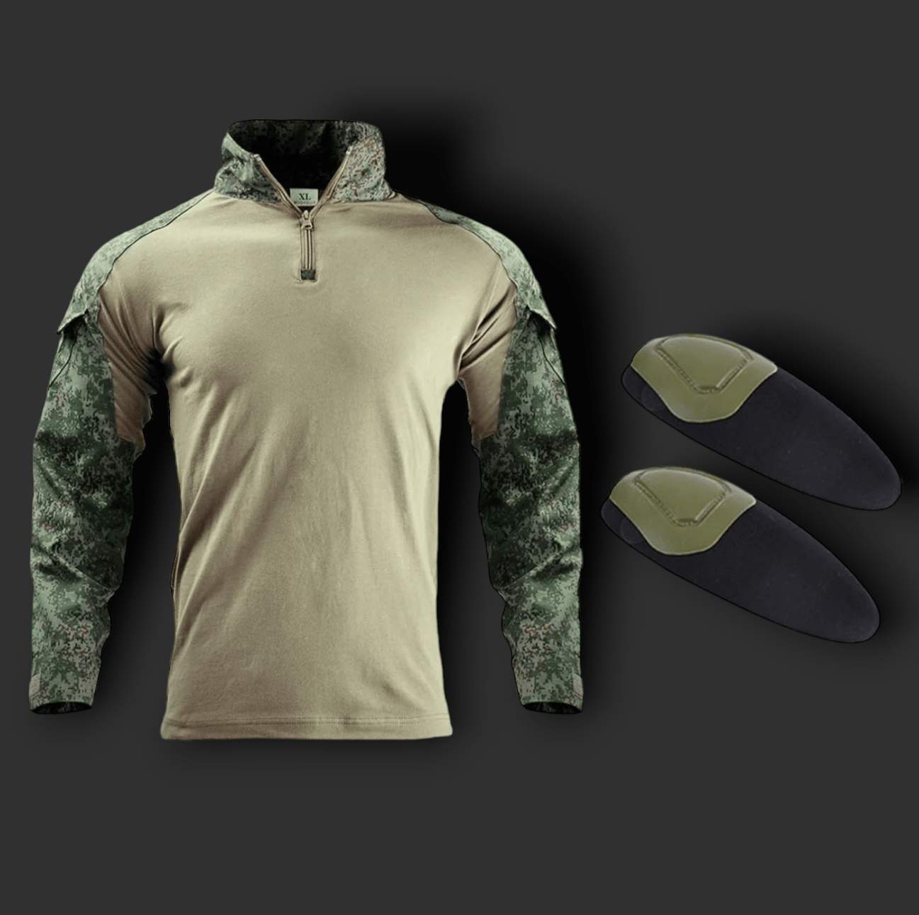 A camouflage-patterned military shirt with a zip collar is displayed alongside a pair of matching camouflage-colored shoulder pads, forming part of the BlasterMaster CP Tactical Camo Military Uniform collection, ideal for military professionals on elite missions.