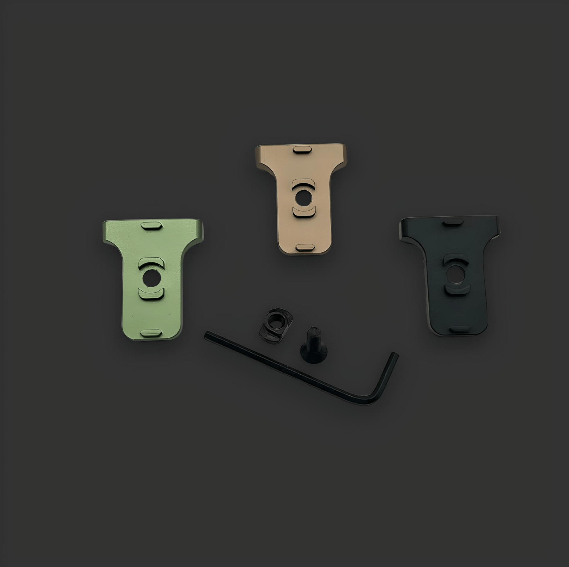 Three metal mounting brackets in green, tan, and black, an Allen wrench, a nut, and a screw are arranged on a dark background. These components ensure MLOK compatibility for tactical performance upgrades, such as the CQD MLOK Forward Sling Mount from MLOCK.