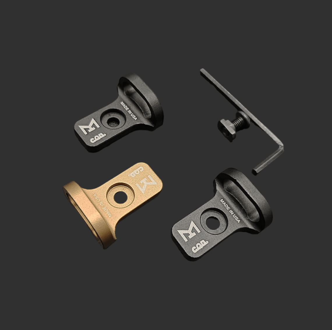 Four small hardware components arranged on a black background, including three metallic pieces with holes and one small L-shaped tool, designed for tactical performance and MLOK compatibility. The product is the CQD MLOK Forward Sling Mount by MLOCK.