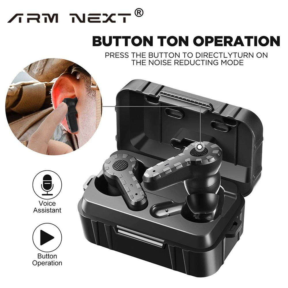 A pair of BlasterMaster Earplugs in a charging case. Ideal for hunters, they feature button operation for reducing noise, icons for voice assistants, and electronic shooting earplugs technology. A demonstration of use is also provided.