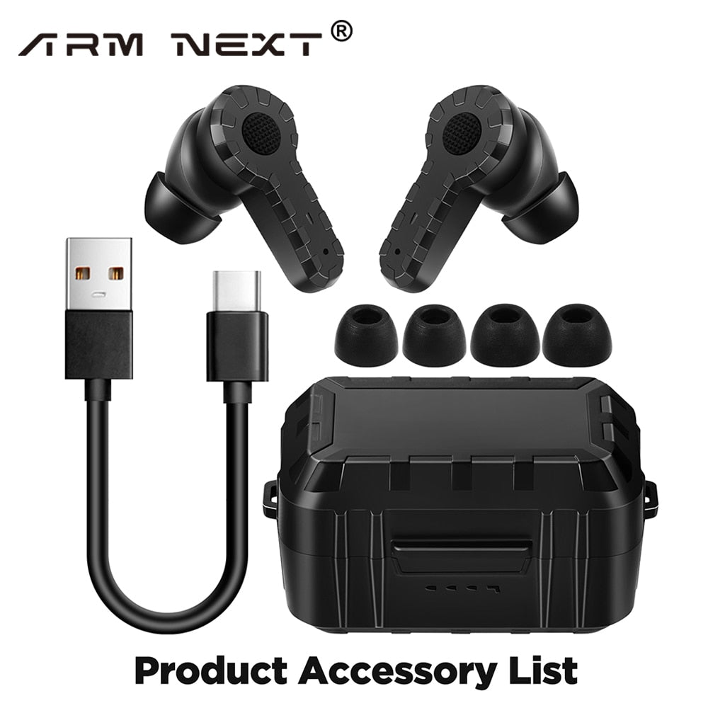 Image displays a set of black wireless Earplugs, suitable for hunters and tactical shooters, a charging case, four ear tips, and a USB-C charging cable. The brand name "BlasterMaster" and the label "Product Accessory List" are visible.