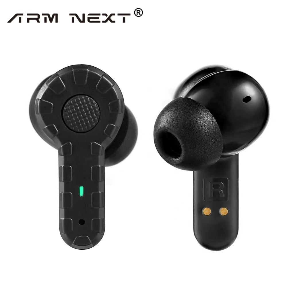 Two black wireless earbuds with the brand name "BlasterMaster" displayed above them. Ideal for tactical shooters, these electronic shooting Earplugs feature silicone tips and small LED indicators.