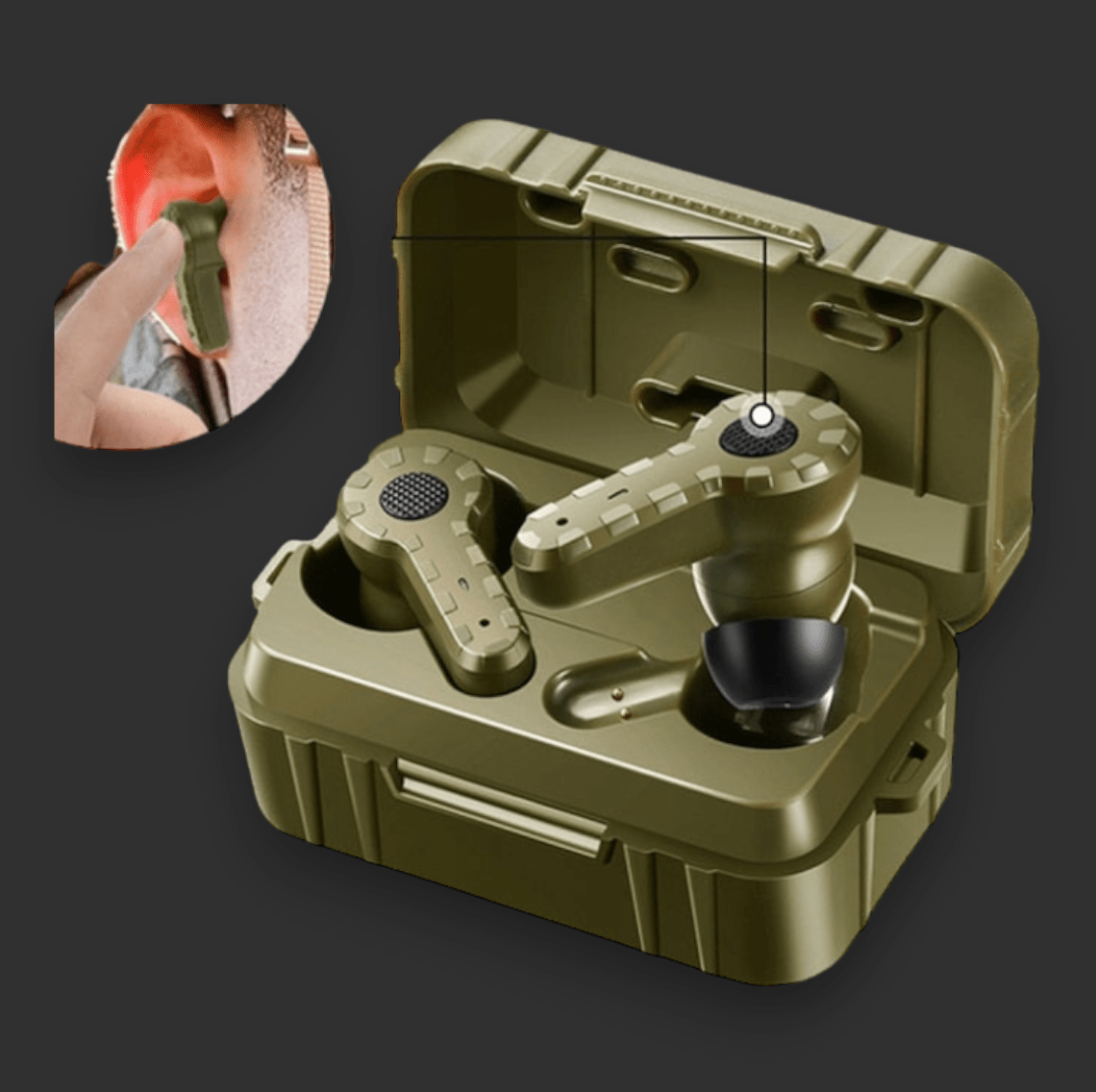 Green BlasterMaster Earplugs set in an open charging case, with a smaller inset image showing one earbud being placed into an ear. Perfect for hunters and tactical shooters, these electronic shooting earplugs offer superior sound quality and protection.