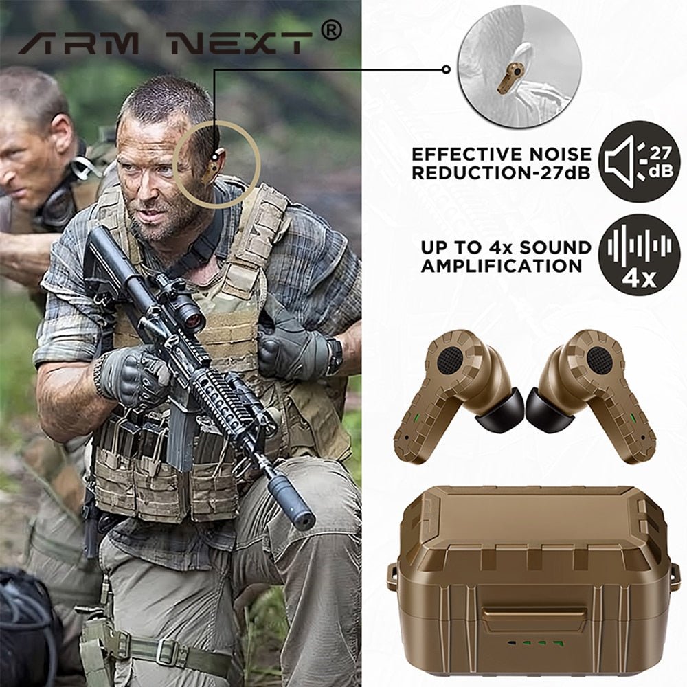 Two tactical shooters in gear use BlasterMaster Earplugs, offering up to 27dB noise reduction and 4x sound amplification. Earbuds and charging case are displayed alongside.