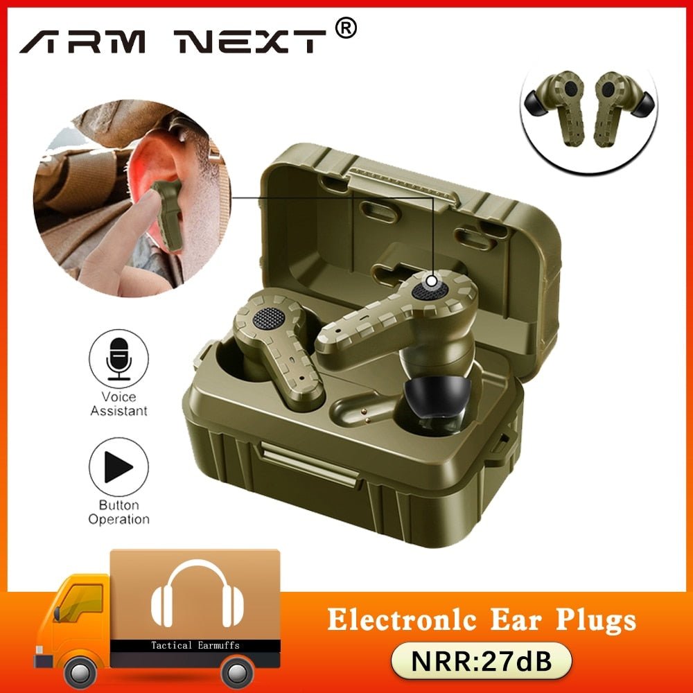 Image of BlasterMaster branded Earplugs in a protective green case. These electronic shooting earplugs feature voice assistant and button operation, making them ideal for tactical shooters and hunters. Rated with a noise reduction rating (NRR) of 27 decibels.