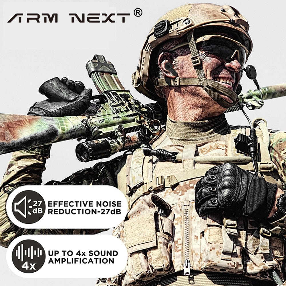 A soldier holding a gun and wearing tactical gear and a helmet smiles. Text overlays state: "Effective Noise Reduction-27dB," and "Up to 4x Sound Amplification." Perfect for tactical shooters and hunters, the electronic Earplugs offer superior protection. Brand name "BlasterMaster" is at the top.