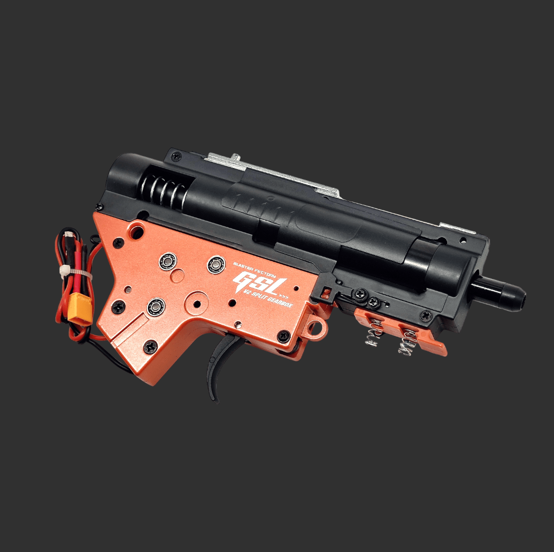 An orange and black GSL Jingji GSL Metal Gearbox V2 for SR16 & HK416D against a gray background.