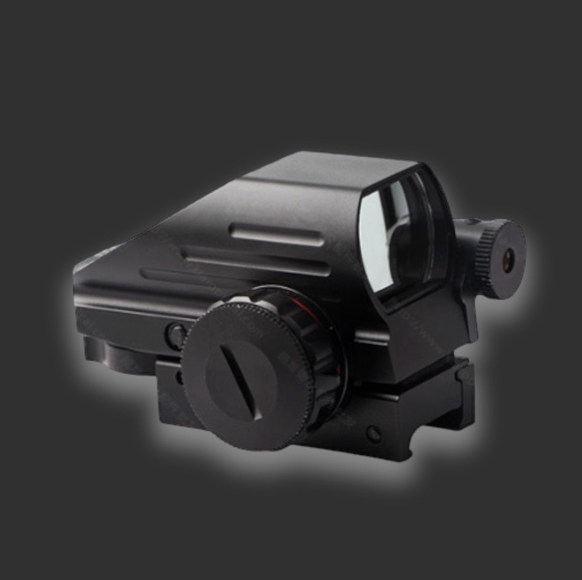 A BlasterMasters Four point 103C infrared aim scope with adjustment knobs and a clear lens, perfect for Gel Blaster Precision, sits against a dark background.