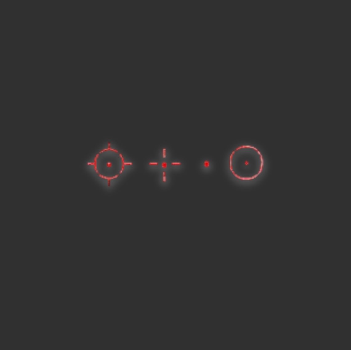 A black background features three red illuminated target symbols: a crosshair, a small red dot, and a circled crosshair, evoking the precision of a BlasterMasters Four point 103C infrared aim scope.