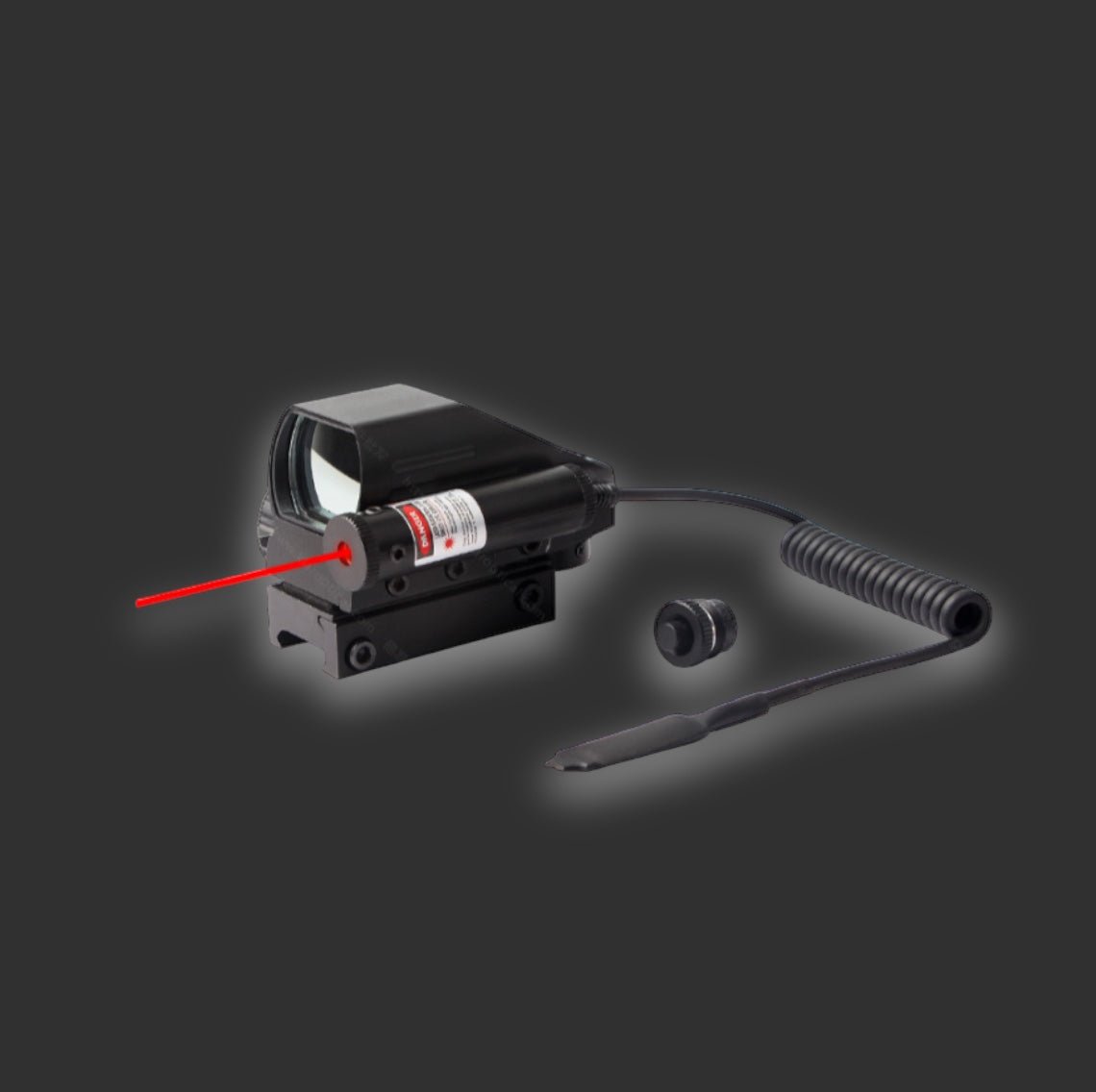 A Four point 103C infrared aim scope by BlasterMasters with a coiled cord and attachment accessories, compatible with 20mm rails. A red laser beam is emitted from the device for Gel Blaster Precision.