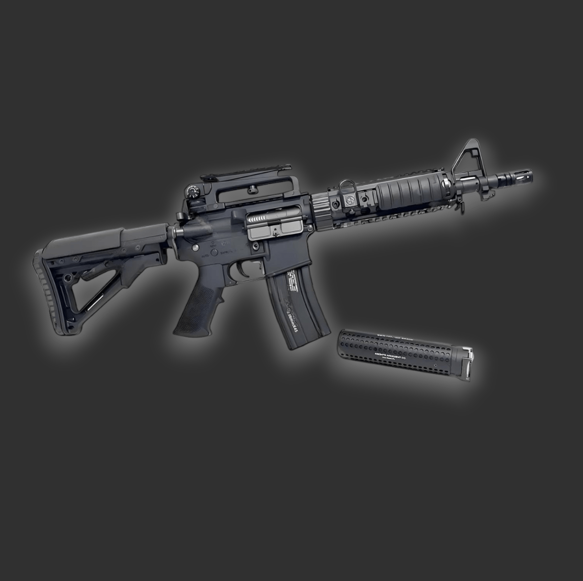 An image of a black well Full CNC M4 Blaster with a vertical foregrip and detachable magazine floating beside it, set against a dark background.