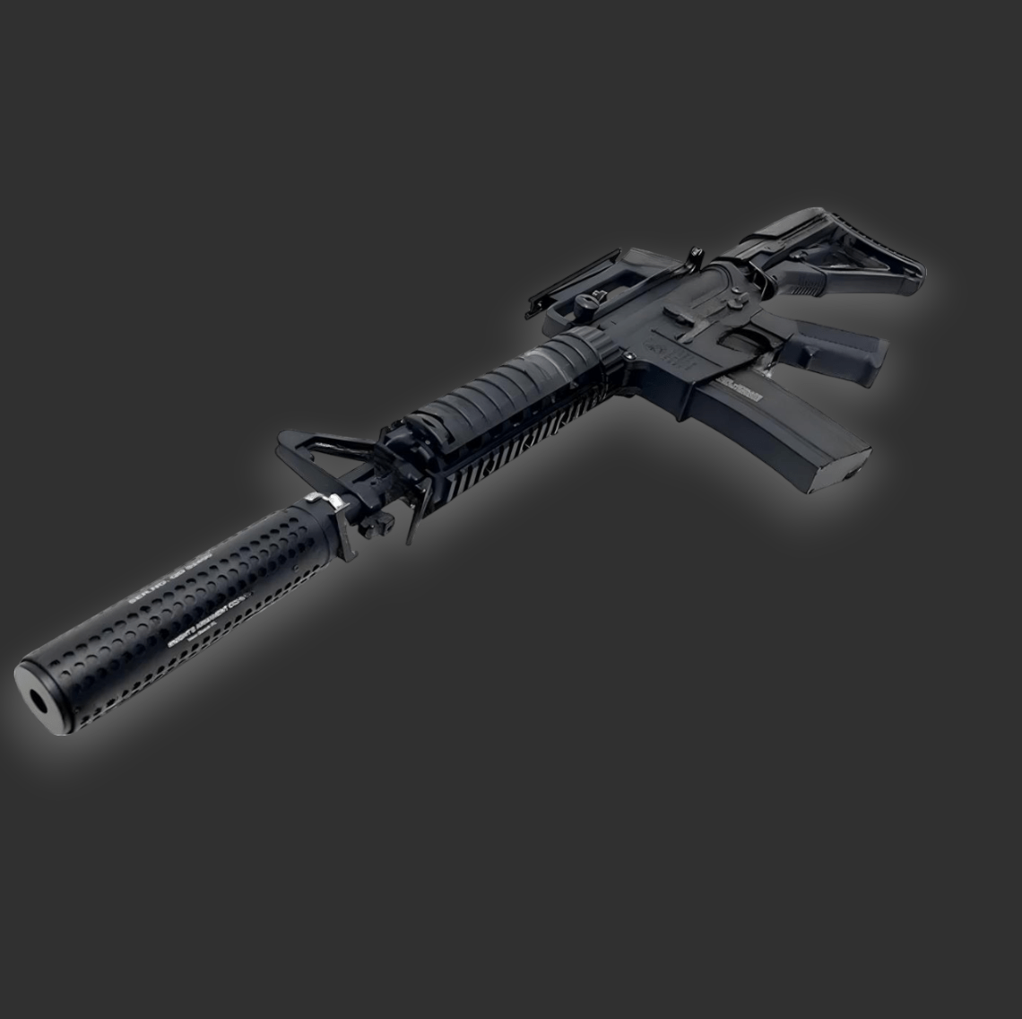 A black **Full CNC M4 Blaster** with a suppressor attached, featuring a tactical grip and scope, displayed on a dark background. This gel blasting powerhouse is equipped with a high-torque 480 motor for optimal performance.