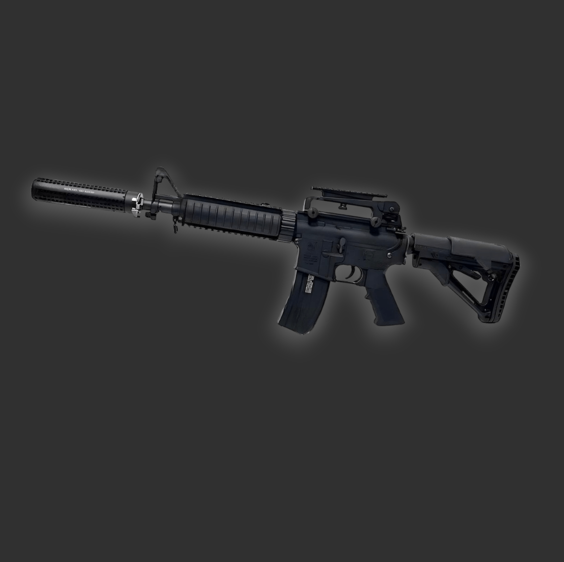 A black Full CNC M4 Blaster by well featuring a suppressor, a tactical grip, and an adjustable stock against a dark background. The blaster is powered by a high-torque 480 motor for enhanced performance.