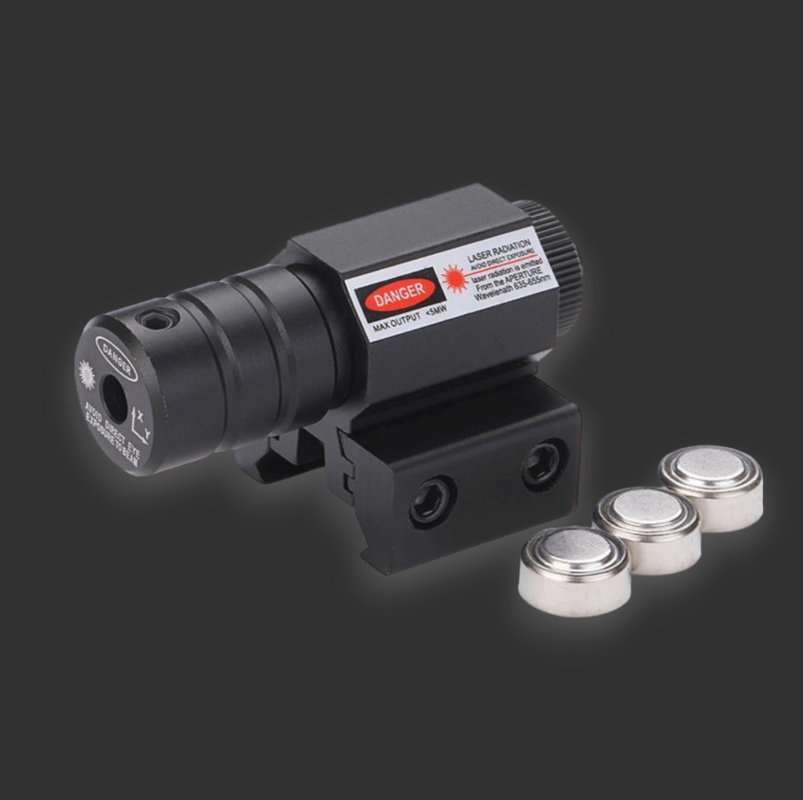 A compact laser sight device with three accompanying button cell batteries, featuring a warning label about laser radiation on a dark background, pairs perfectly with your well Full CNC M4 Blaster for enhanced precision in gel blasting.