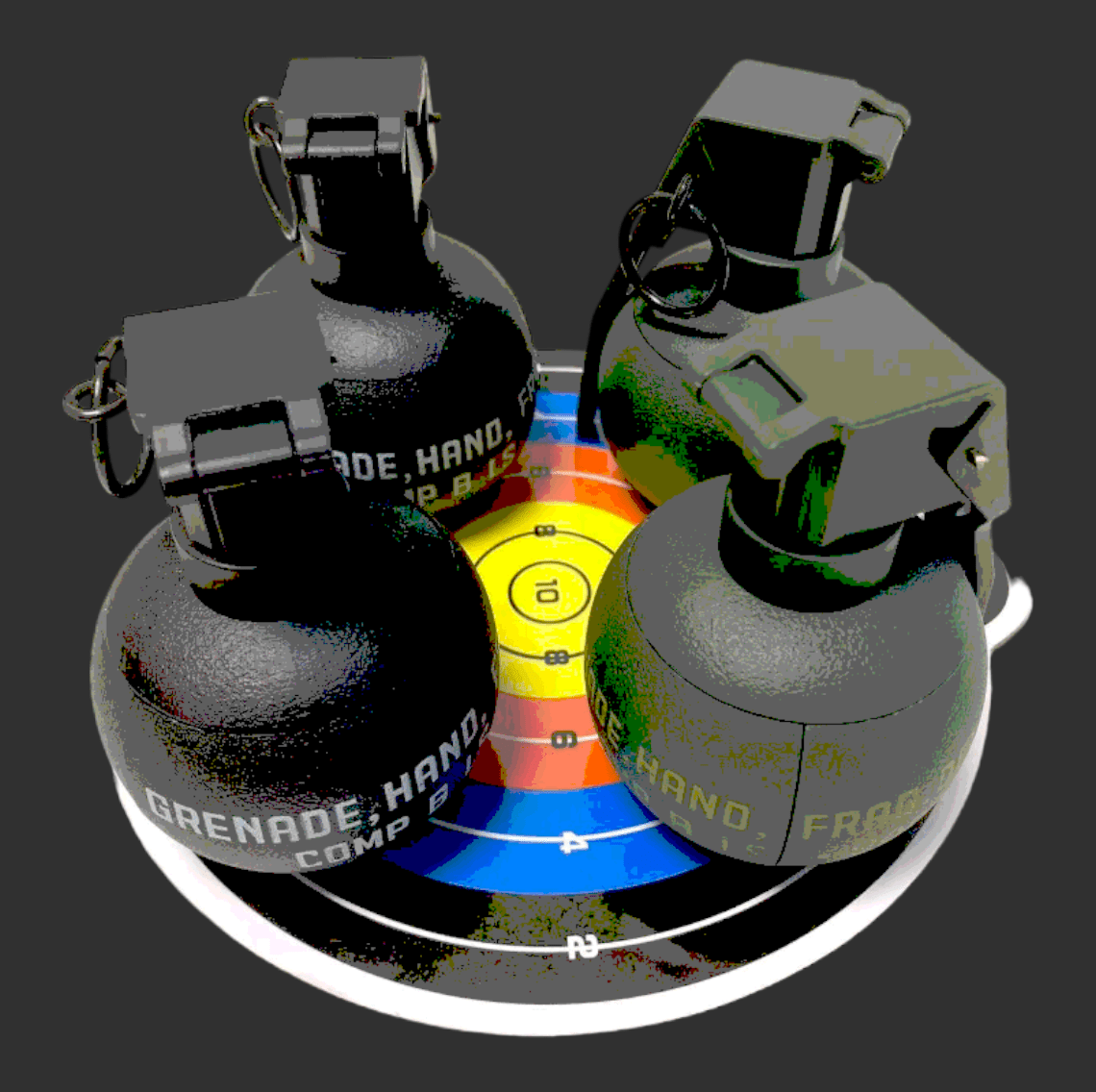 Three BlasterMaster G4 hand grenades displayed on a colorful circular target, ready to unleash chaos.