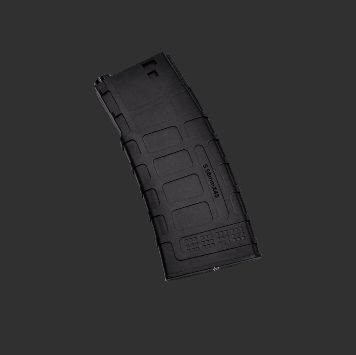 A high-quality JInMing Gen8 magazine for your gel blaster, featuring a sleek black design and gentle curve, lays elegantly against a solid dark background.