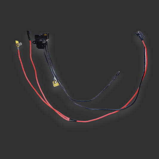 A BlasterMaster Gen9 switch set with durable design, featuring black and red cables and multiple gel blaster connectors, laid out on a dark background.