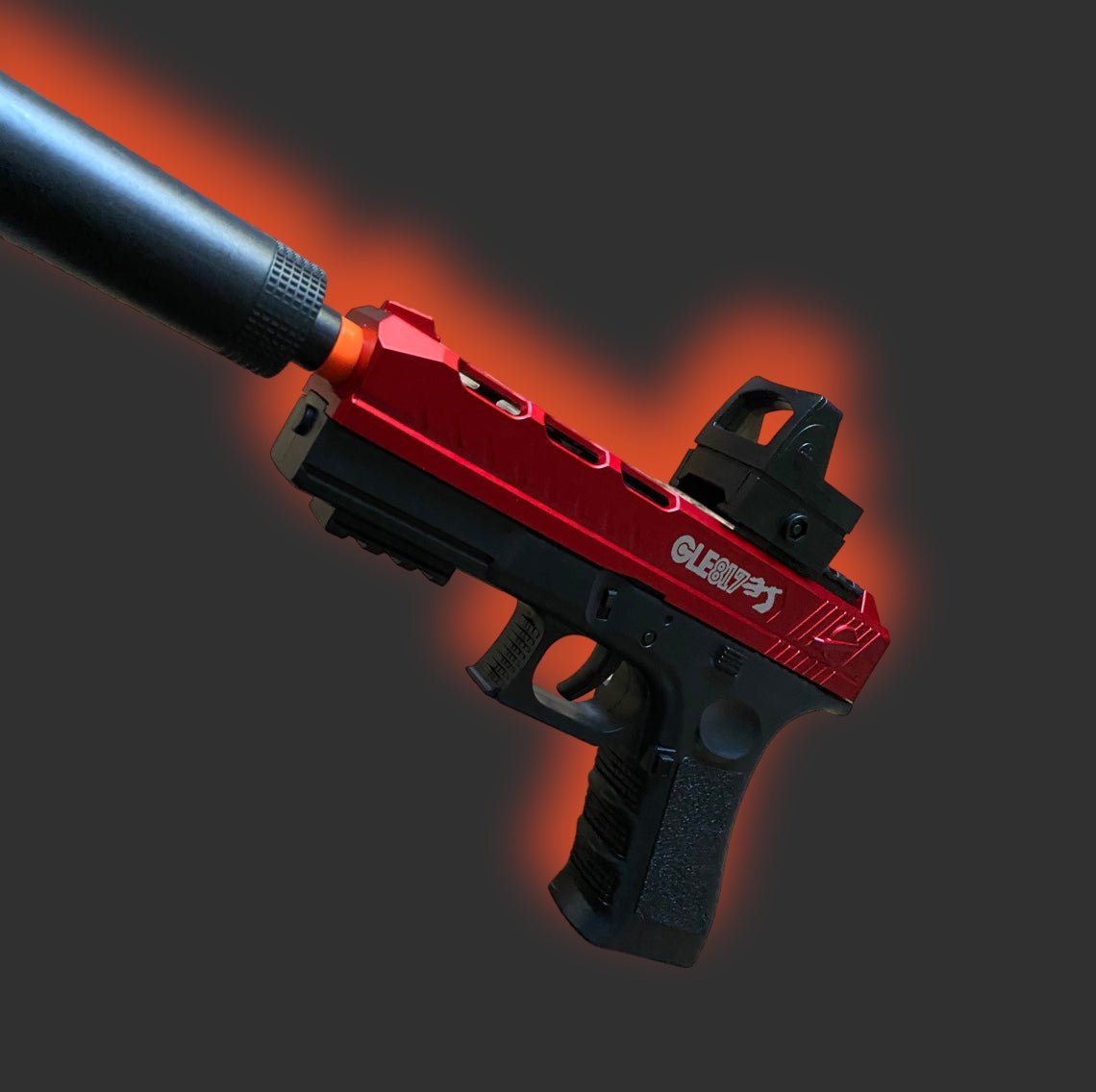 A GLE 817s Chrome Red Blaster with a suppressor attached, featuring striking red and black hues, is displayed against a dark gradient background.