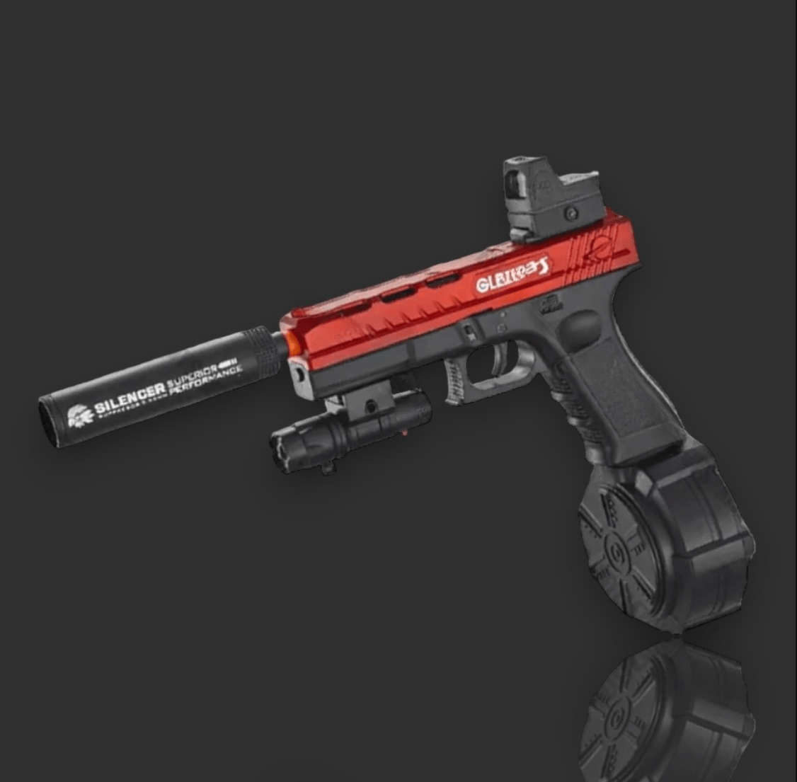 A custom GLE 817s Chrome Red Blaster by GLE, featuring a red slide, black frame, suppressor, laser sight, and an extended drum magazine on a dark grey background.