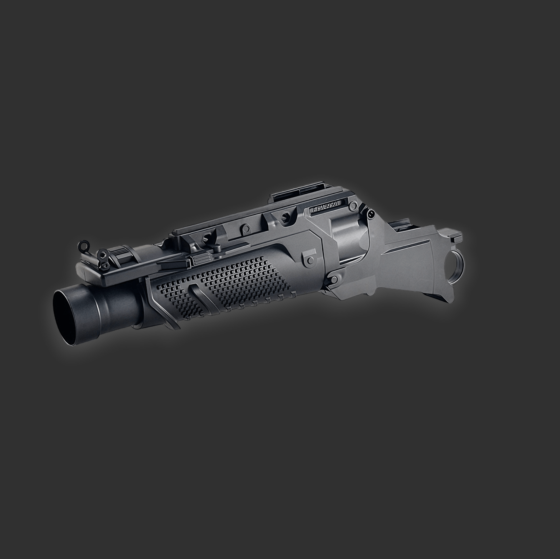 A high-tech, black metallic firearm component with various attachments and intricate details, including an HK416D / M4 Grenade Launcher Ball Carrier by FJS, on a dark grey background.