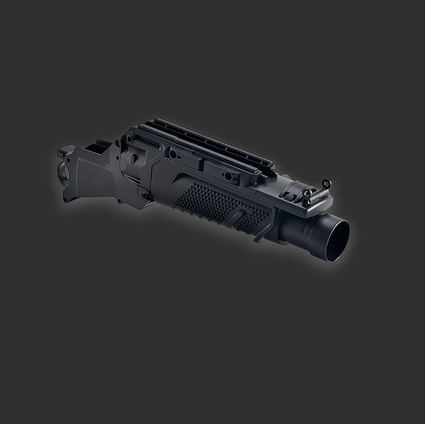 A black HK416D / M4 Grenade Launcher Ball Carrier by FJS with detailed components and a rail system, ideal for pairing with various accessories, is showcased against a dark background.