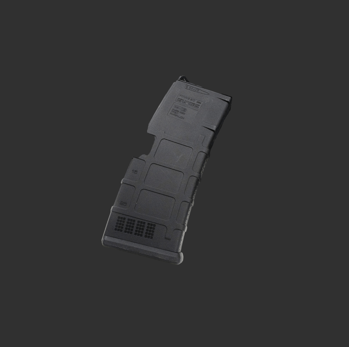 A black **HK416D Magazine** for the **Ji Qu** gel blaster, featuring a textured grip and visible numerical markings, viewed against a dark background.