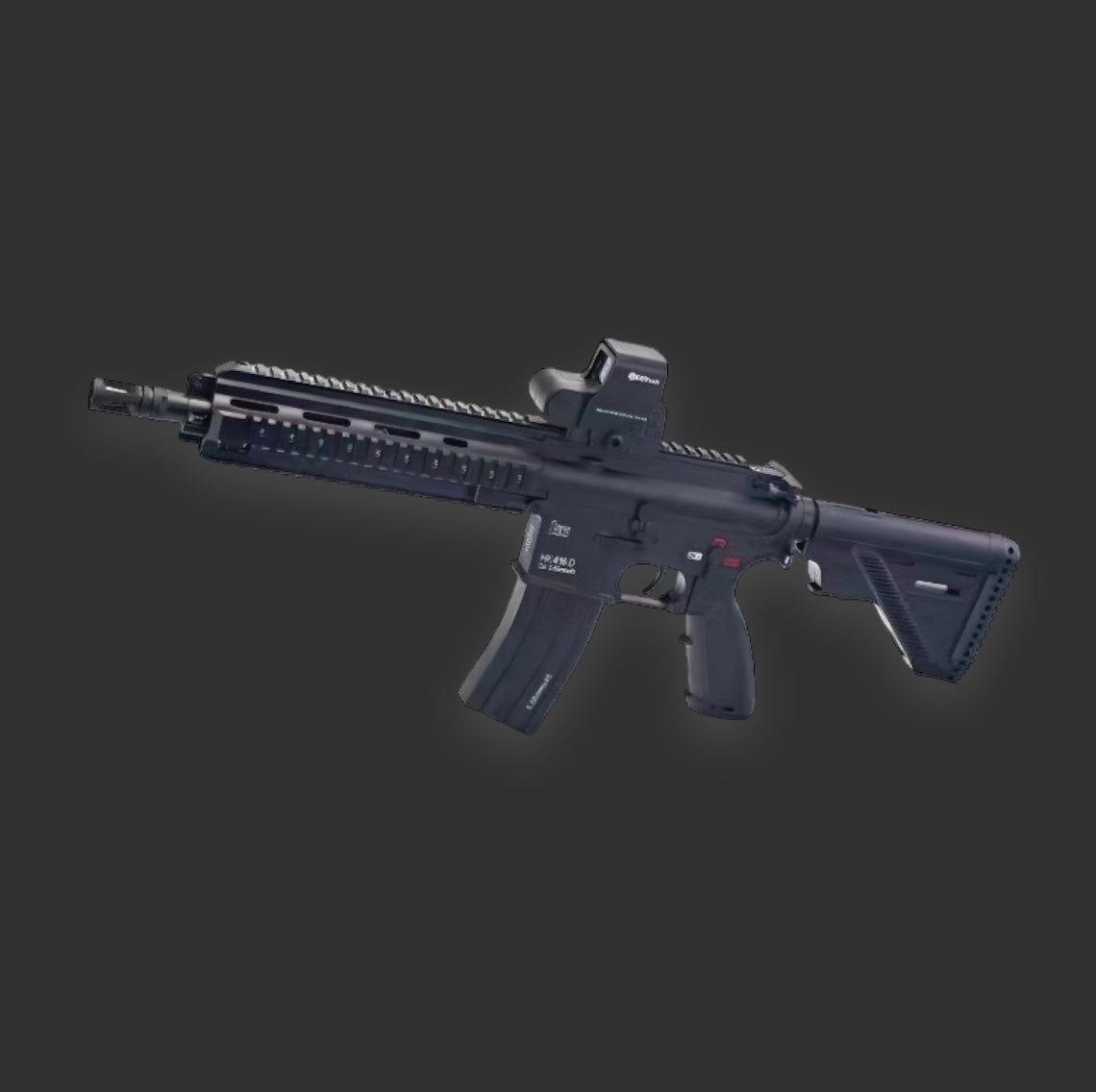 A black, modern GeYuan HK416D V2.0 Gel Blaster assault rifle featuring a tactical rail, scope, versatile firing modes, and an adjustable stock with a metal barrel, displayed on a dark background.