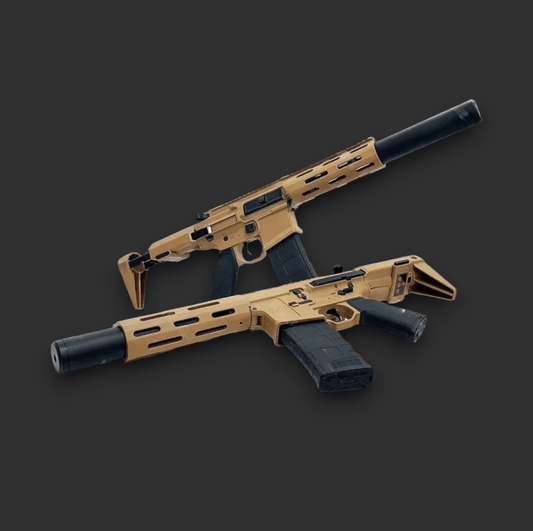 Two tan-colored tactical rifles featuring black suppressors and extended magazines, reminiscent of the HL-015 Honey Badger Performance Gel Blaster by HoneyBadger, placed on a dark gray background.