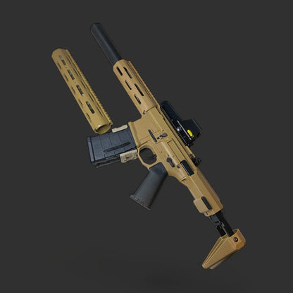 A tan semi-automatic rifle with a black grip, premium extended cage barrel, BlasterMasters Upgrades Honey badger Handguard, a mounted scope, and an extended magazine against a dark background.