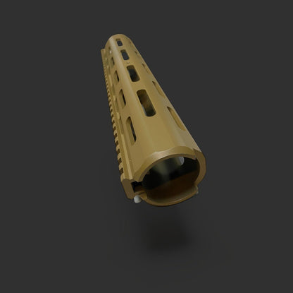 A tan-colored, cylindrical object with slots and ridges against a gray background; likely the Honey badger Handguard by BlasterMasters Upgrades, appears to be a component of a mechanical or electronic device.