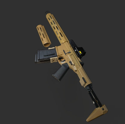 Image of a tan-colored semi-automatic rifle with a Honey badger Handguard from BlasterMasters Upgrades, premium extended cage barrel, black grip, and magazine on a dark background.