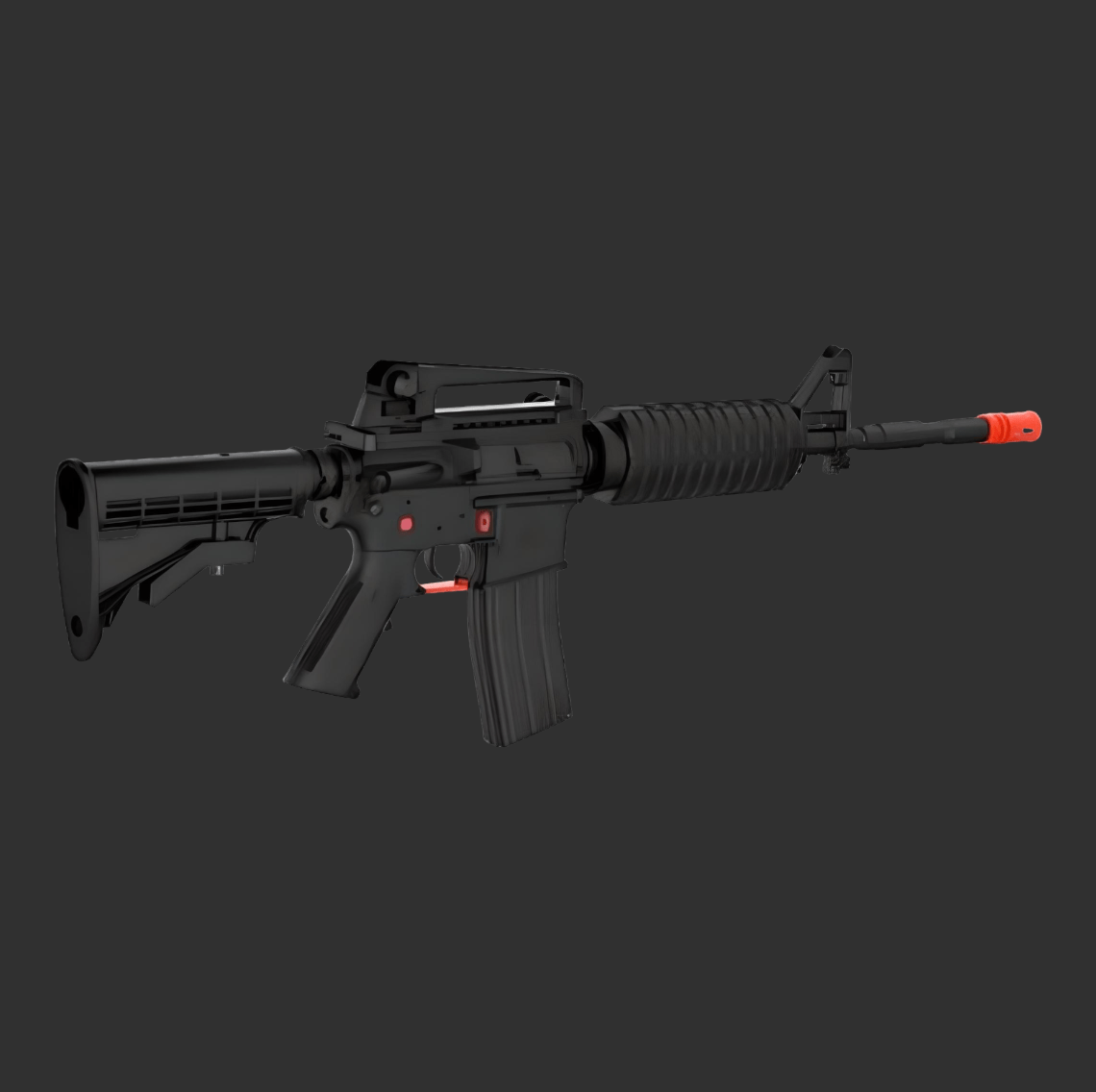 A black Kublai M4-Style Gel Blaster with a collapsible stock, ribbed handguard, and an orange tip on the barrel, set against a dark background showcases its authentic M4 design and tactical engineering.