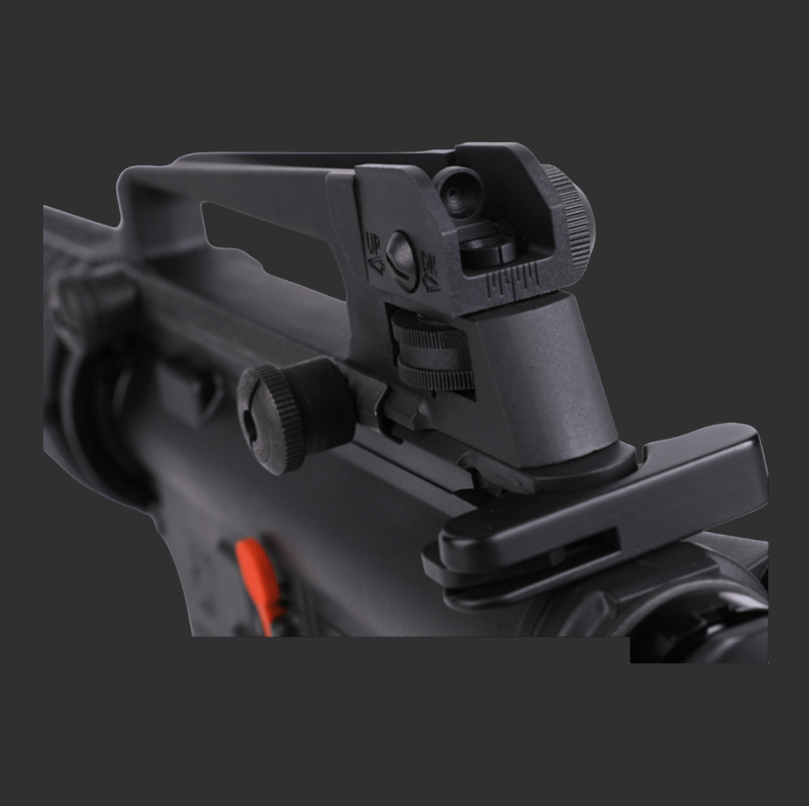 Close-up of a Kublai M4-Style Gel Blaster's adjustable rear sight against a dark background, showcasing the tactical engineering of an authentic M4 design.