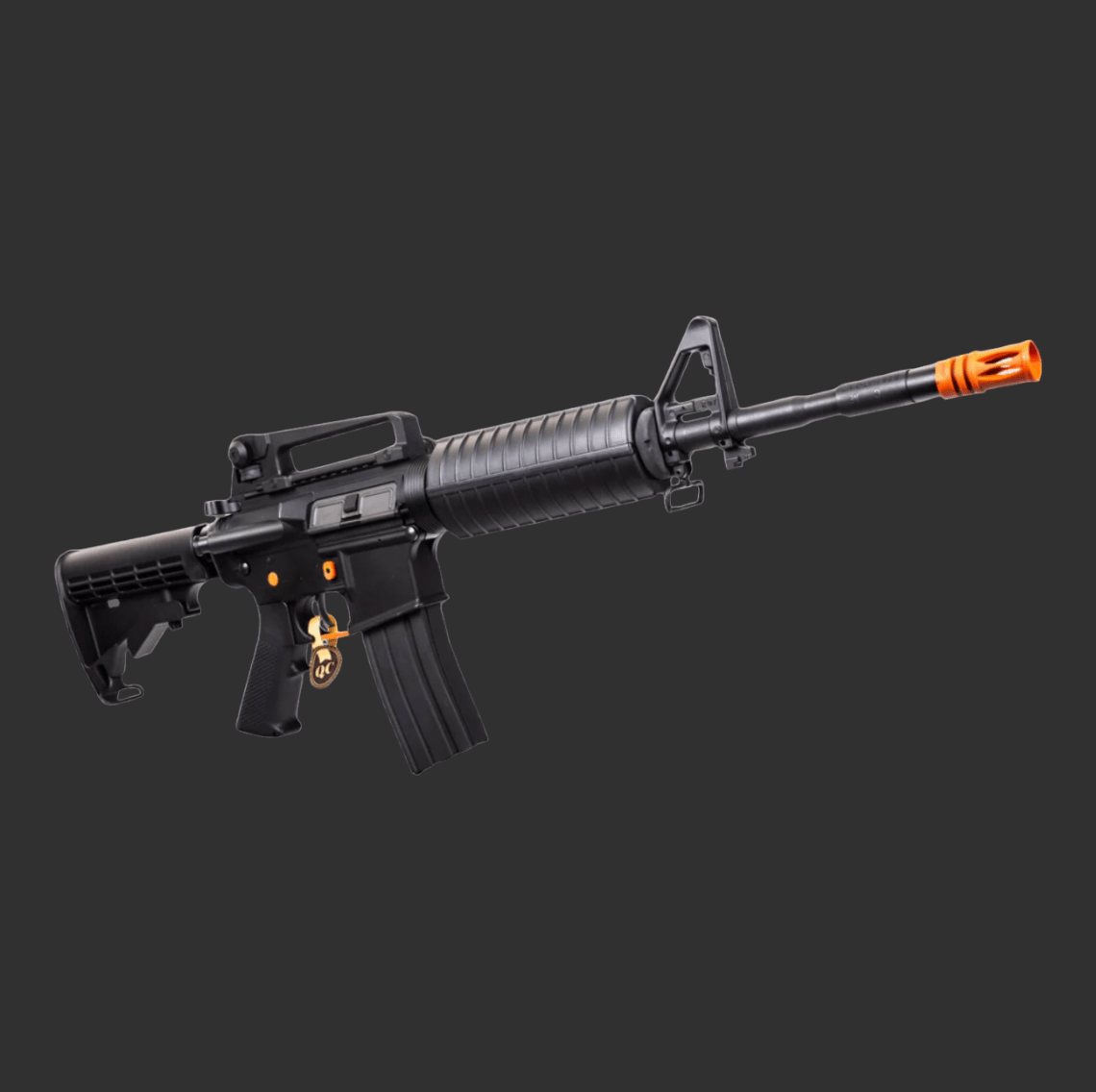 A black Kublai M4-Style Gel Blaster with an orange tip is shown against a dark gray background, showcasing the authentic M4 design inspired by tactical engineering.